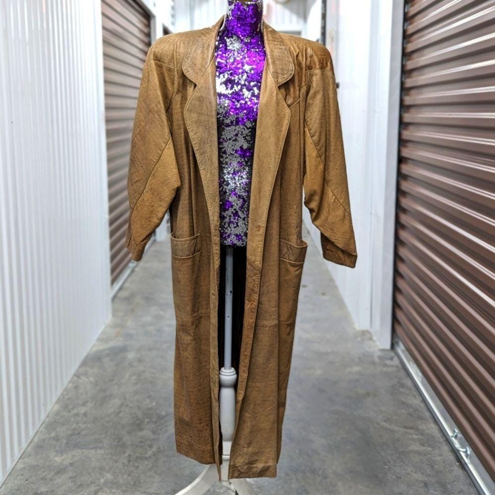 Vintage WV‎ Outfitters Large Camel Brown Genuine Leather Trench Coat Mob Wife
